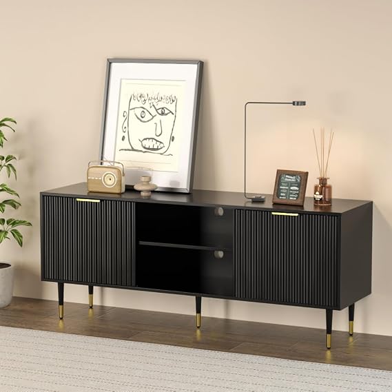 58'' Fluted TV Stand, Mid-Century Modern TV Console for 65/70/75 Inch TV, Wood Entertainment Center with Storage, Sliding Doors, Adjustable Shelves and Media Console for Living Room, Bedroom, Black