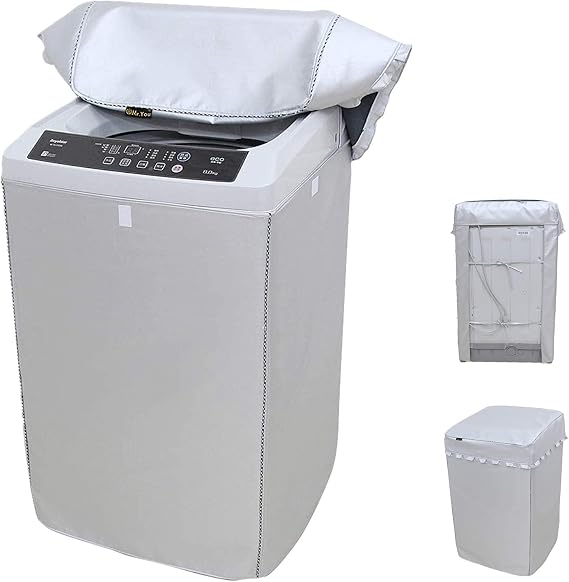 Washing Machine Cover Thickening Double-Side Silver Coated Fabric Waterproof Sunscreen Dust-Proof Cover (22x22x35 inches Middle) | Silver-coated polyester; buckle lid, adjustable water-hose opening and open-back design protect connected washers cover