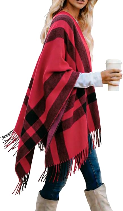 Moss Rose Women's Travel Plaid Shawl Wrap Open Front Poncho Cape for Fall Winter