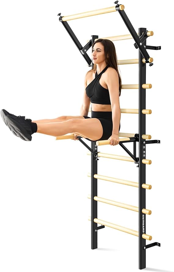 Wood Stall Bar Ladder With 9 Strategic Rods For Home, Gym, School, And Clinic Use, Multi-Purpose Wall Bars Double For Strength Training, Stretching, And Suspension Exercises