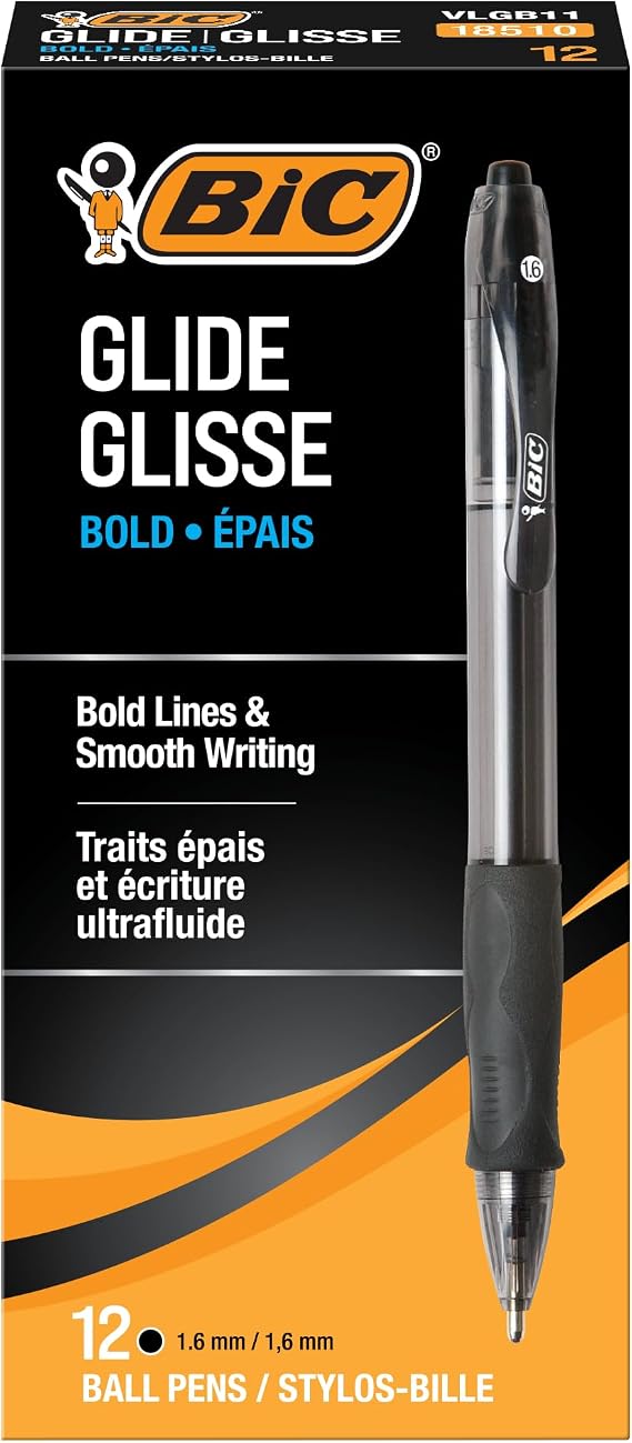 BIC Glide Bold Black Ballpoint Pens, Bold Point, 1.6 mm, 12-Count