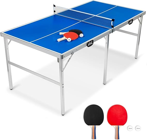 6FT Table Tennis Table Folding Ping Pong Table Indoor Outdoor with Ping Pong Racket and Net for Kids/childrens' Gift Blue