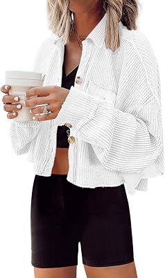 Panadila Womens Cropped Waffle Knit Shacket Short Button Down Jacket Batwing Sleeve Shirts with Pocket