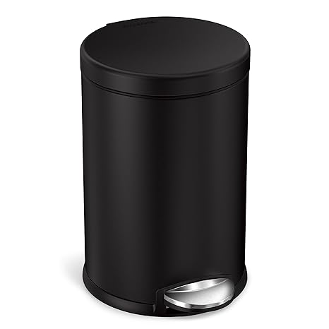 simplehuman Round Step Can, 4.5L / 1.2 Gallon Compact Bathroom Trash Can, 150,000-Step Pedal, Lid Shox Silent Close, Removable Inner Bucket, Matte Black Steel