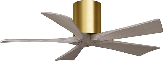 Matthews Fan Company IR5H-BRBR-GA-42 Irene Damp Rated 42" Flush Mount Ceiling Fan without Light, Remote & Wall Control Included, Silent DC Motor, 5 Solid Wood Blades, Brushed Brass with Gray Ash Tone