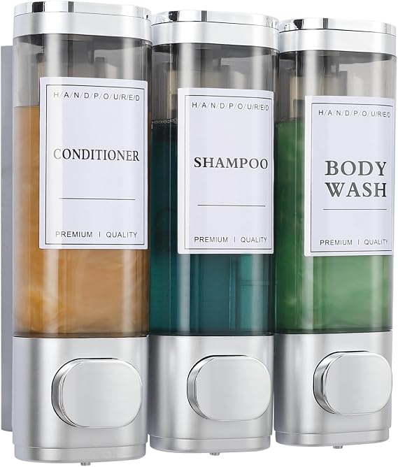 Shampoo and Conditioner Dispenser,Shower Shampoo Dispenser 3 Chamber No Dril for Shower Wall Mounted Body Wash for Bathroom Hotel Kitchen,3 * 300ML,Large Capacity Silver