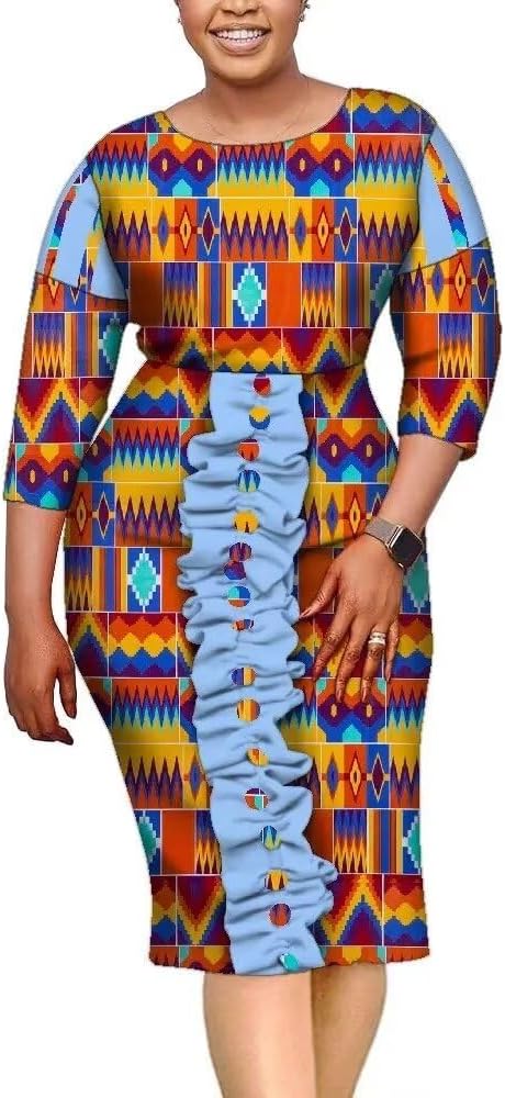 African Dresses for Women Classic Crewneck Knee Length Pencil Dress Party Church 3/4 Sleeve