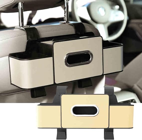 Multifunctional Car Seat Back Storage Box, Headrest Hanging Storage Box, Back Seat Car Organizer, Backseat Cup Holder for Car with Hook, Car Rear seat Tissue Storage Box for Travel(Beige,1pcs)