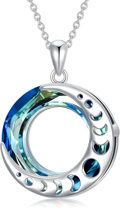 LONAGO Moon Phase Necklace 925 Sterling Silver Round Crystal Triple Goddess Glowing Moon Pendant Jewelry for Women