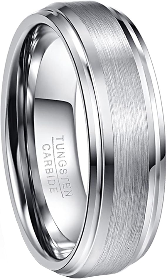 NUNCAD Silver Men's Ring 7mm/8mm Brushed Tungsten Wedding Engagement Band High Polished Beveled Edge Ring Size L 1/2-Z+3