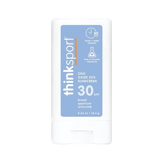 Thinksport SPF 30 Sport Sunscreen Stick with Zinc Oxide, 0.64 oz Safe, Natural, Water Resistant Sunscreen Stick Mineral UVA/UVB Sun Protection Reef Safe Sunscreen