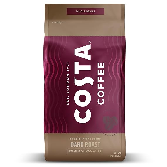 Costa Coffee Whole Bean Coffee, Signature Blend Dark Roast, 12 Oz Bag | For drip and pour over, slow roasted 100% Arabica beans.
