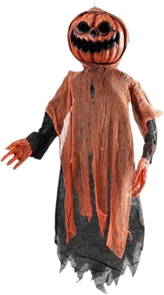Scary Halloween Decorations, Halloween Animatronics, 47" Sound & Touch Activated Lighted-up Scary Decorations with Creepy Sound, Pumpkin Scarecrow for Home Decor
