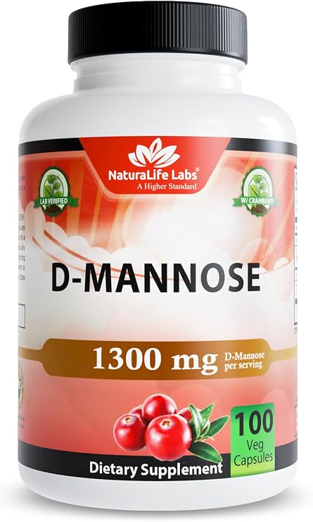 NaturaLife Labs Organic D-Mannose 1300mg + Organic Cranberry Extract 100mg per Serving Urinary Tract Support Non-GMO, Gluten-Free & Vegan 100 Capsules