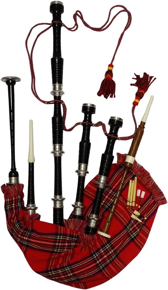 Scottish Full Size Bagpipe Silver Plain Mounts Black Finish Highland Bagpipes with accessories (Black Royal Stewart)