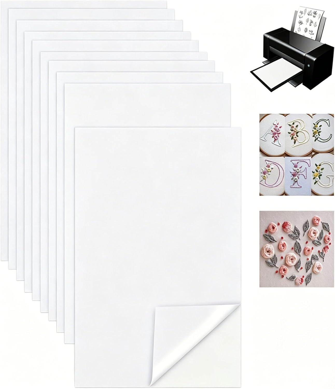 SINJAETRQ 10PCS Stick and Stitch Water Soluble Embroidery Paper, Printable Dissolvable Sticky Water Soluble Stabilizer Paper Patterns for Stick and Stitch Embroidery by Hand & Machine