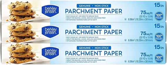 Berkley Jensen Parchment Paper Roll, 15" x 75 Sq. Ft., Pack of 3 (225 Sq. Ft. Total) - Non-Stick Baking Paper, Oven Safe to 450F, Tear-Resistant