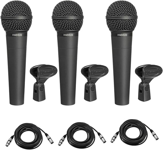 Behringer ULTRAVOICE XM8500 Cardioid Vocal Microphone 3-Pack, Bundle with 3X H&A XLR M to F Microphone Cable 25'