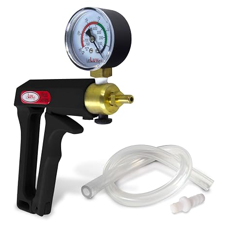 LeLuv Maxi Manual Vacuum Pump, 0-30 inHg Gauge, Black, 18" Clear PVC Hose