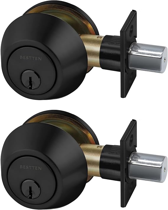 2 Pack BESTTEN Keyed Alike Single Cylinder Deadbolt, Matte Black | for Front Doors, Keyed One Side, Thumb Turn Inside