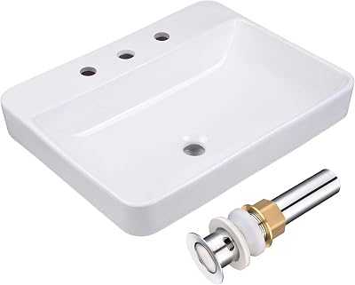 Aquaterior 23 x 18 Rectangle Drop In Bathroom Sink White Porcelain Semi Recessed Vessel Sink with 3 Widespread Faucet Holes Pop up Drain