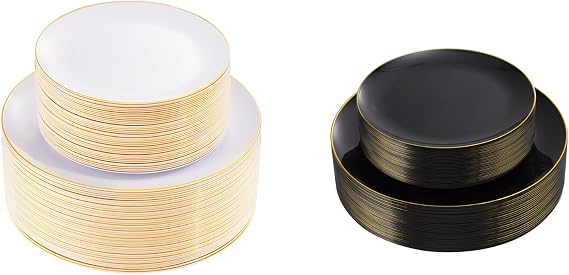 KIRE 60PCS Black Plastic Plates 30Pcs 10.25inch Black Plates and 30Pcs 7.5inch Black Plates 100PCS Gold Plastic Plates 50Pieces 10.25inch Gold Dinner Plates and 50Pieces 7.5inch Gold Dessert