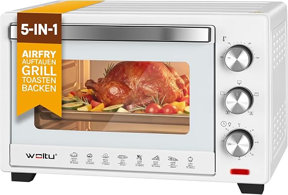 Woltu Mini Oven with Convection Air 28 L Pizza Oven 100-230 °C Timer 0-60 Minutes 1600 W 3 Heizmodi inkl. Backblech Grillrost Krümelblech Rostheber Mini Ofen für Backen Braten Auftauen Erhitzen Weiß