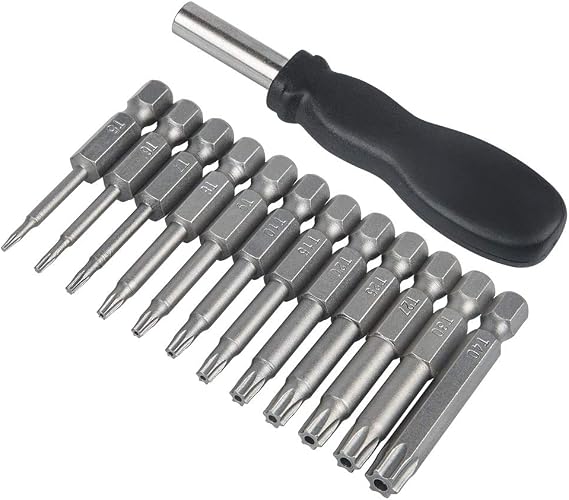 DanziX 12 Paket Torx Başlı Tornavida Ucu Seti, 1/4" Altıgen Şaft T5-T40 S2 Çelik Güvenlik Kurcalamaya Dayanıklı Yıldız 6 Noktalı Tornavida Alet Kiti 1 Paket Saplı