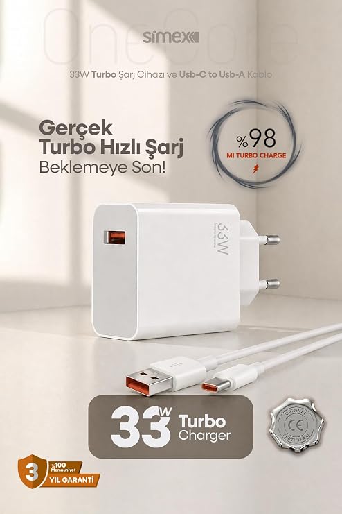 Simex Xiaomi, Redmi, Poco, Uyumlu 33 Watt Hızlı Turbo Şarj Seti CE Belgeli SPS-19
