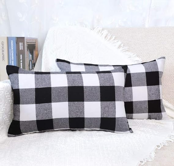 Farmhouse Buffalo Plaid Lumbar Pillow Covers 12x20 Set of 2 Black and White