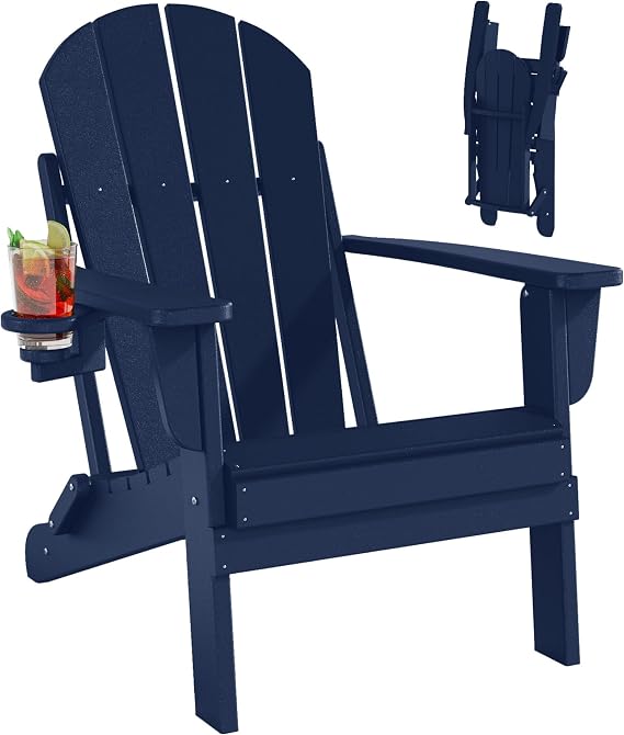 Folding Adirondack Chairs, All-Weather Resistant HDPE Patio Firepit Chairs, Sturdy Outside Chairs with Cup Holder, Lawn Chairs, 80% Pre-Installed Load Capacity 385lb, Navy Blue