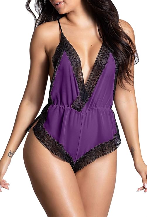 Sexy Lingerie for Women Teddy Lace Bodysuit Deep V-Neck Halter Sleepwear Sheer Mesh One Piece Babydoll Pajamas - Purple - S