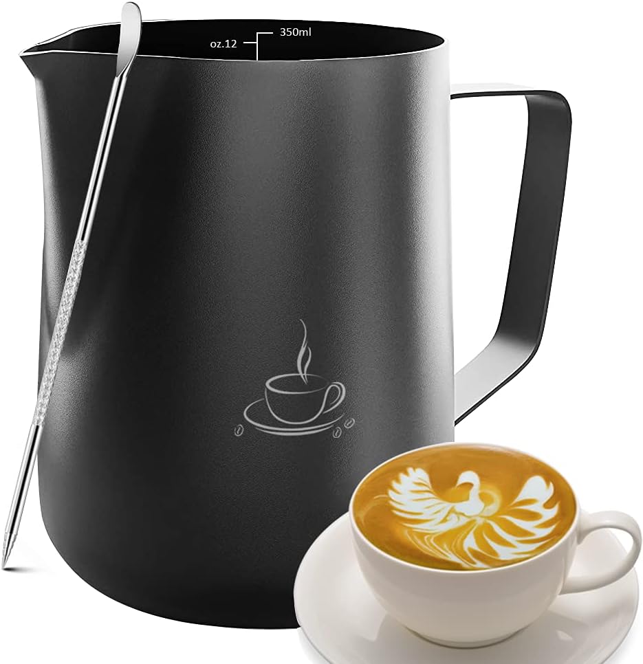 Milk Frothing Pitcher Stainless Steel Teflon Non-Stick Coating frothing Cup With Latt Art Pen（black-350ml
