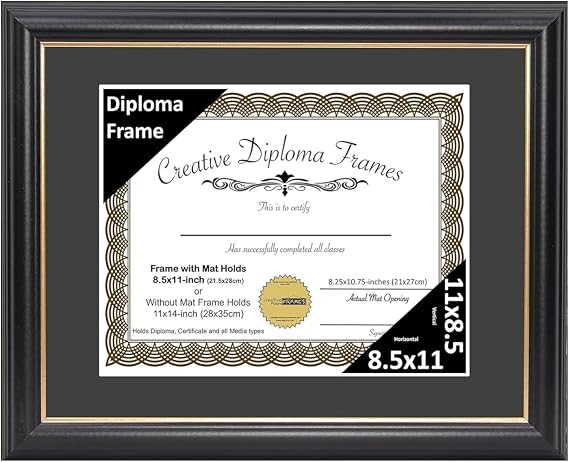 Creative Picture Frames 8.5" x 11" Rockefeller Black w/Gold Rim Diploma Frame, Displays 8.5" x 11" Certificate or 11" x 14" Document w/o Mat, College Degree Frame, Full-Strength Glass, Black Mat