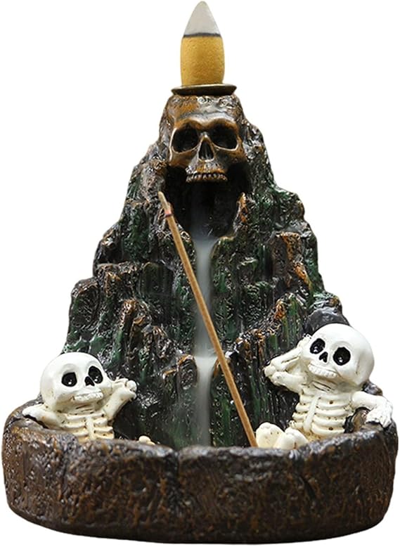 Halloween Skull Mountain Backflow Burner Waterfall Holder with 12 Incense Cones and Stick Resin Aromatherapy Holder for Gothic Sets