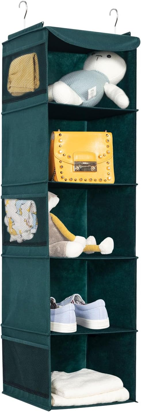 BrilliantJo Hanging Wardrobe Closet Organiser Storage with 5 Shelves, Storage hanging Shelves Unit with 6 Pockets for Clothes - blackish Green(30 x 30 x 108cm)