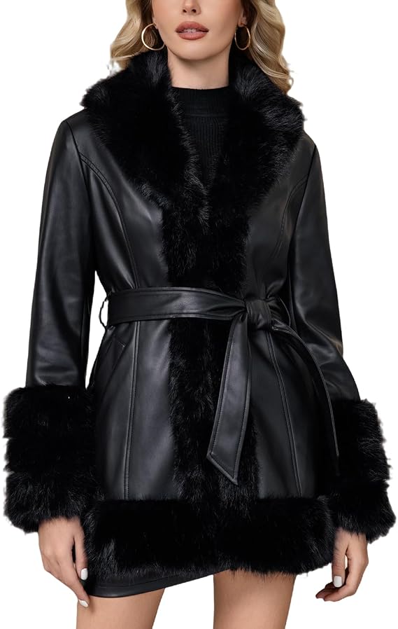 DIASHINY Women Faux Fur Leather Jacket Fur Lined Winter Warm Parka Fur Coat With Belt