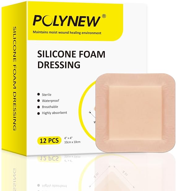 Silicone Foam Dressing with Border, 4"x4"-12Pcs/Box Adhesive Waterproof High Absorbency Bed Sore Wound Dressing Bandage, Breathable Foam Dressing for Wound Care