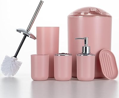 Fun Memories Bathroom Accessories Set 6 Piece Bath Ensemble Includes Toothbrush Holder, Soap Dispenser for Decorative Countertop and Housewarming Gift, Pink