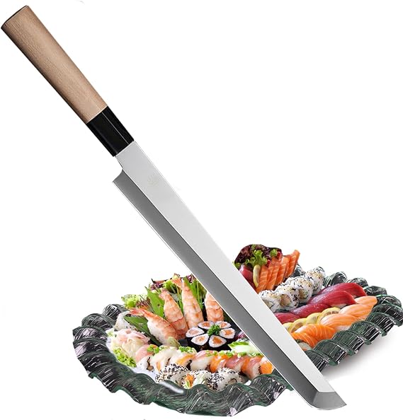 8 inch (210mm) Sakimaru Knife Japanese Sushi Chef Knife Salmon Knife Slicer Razor Sharp Sashimi Watermelon Knives, 5Cr15mov Stainless Steel Sashimi Yanagiba Knife, Maple Handle