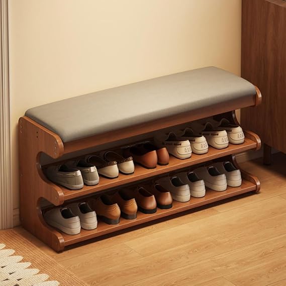 Multifunctional Shoe Bench with Storage, Solid Wood Hall Bench with Double Layer Organizer Flip-Up Seat Comfortable and Space-Saving for Entryway 60cm