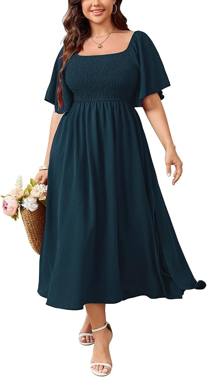 SHESTARR Women's Plus Size Dress Short Sleeve Square Neck Smocked Side Split Flowy A Line Long Maxi Dress