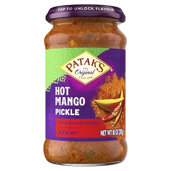 Pataks Hot Mango Pickle - Authentic Indian Relish w/Mango Chunks, Mustard Seeds & Aromatic Spices Perfect for Sandwiches, Salads & Cold Meats - Vegan Spicy Pickle - 10oz Jar Pack of 1