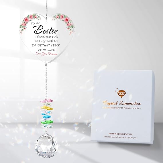 Best Friend Birthday Gifts for Women, Bestie Gifts for Female Friend Soul Sisters, Galentine Valentines Day Friendship Thank You Gifts, Sun Catcher with Crystals for Indoor Window Hanging