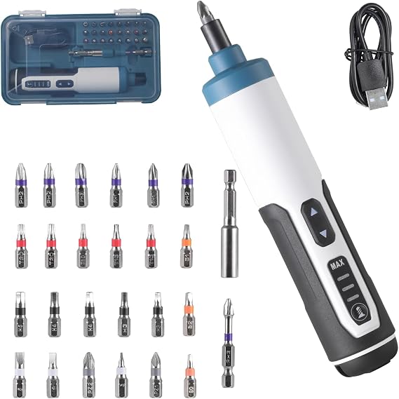 Hantinstom 3.7V Cordless Electric Screwdriver Kit, Rechargeable Power Screwdriver with 26-Piece Magnetic Bit Set, Dual LED Light, USB Charging Cable & Carrying Case