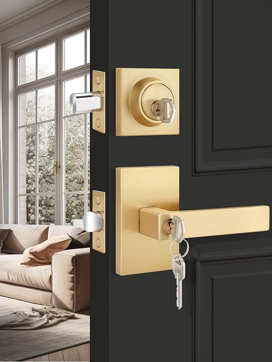 EHOMEWARE 3 Set Entry Door Locksets with Deadbolt, Gold Door Knobs Interior