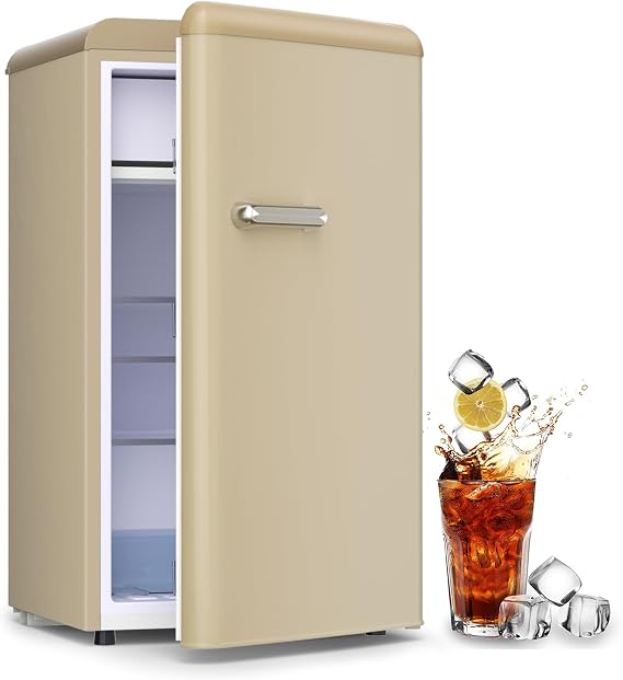 Retro Mini Fridge for Bedroom, 3.5 Cu.Ft Retro Mini Refrigerator with Freezer, Mini Dorm Fridge with Thermostat Control for Bedroom, Office, Dorm, Kitchen, Living Room(Gold)