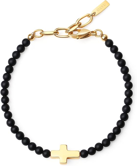 GAVU Mens Black Onyx Bracelet Beaded Bracelet Cross Bracelet for Men