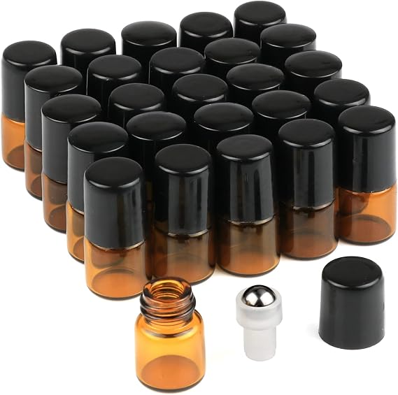 Wresty 25 Pcs Essential Oil Glass Roller Bottles Mini Tiny Refillable Empty Aromatherapy Perfume Liquid Amber Glass Roll On Bottles Vials Metal