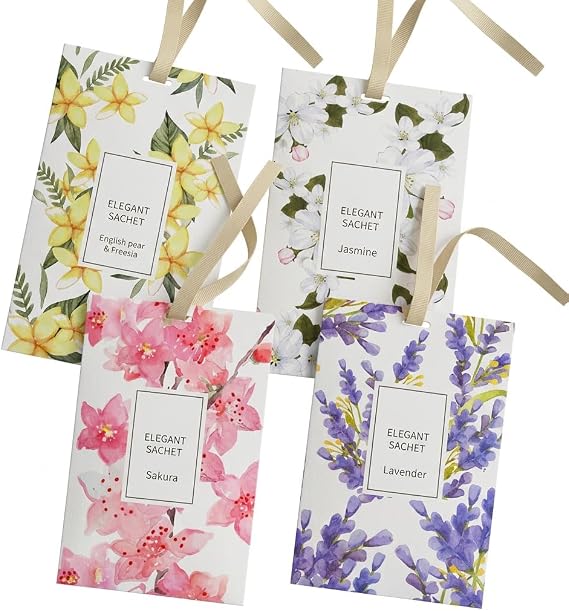 4 Pack Floral Scented Sachets, Natural Room Scent Deodorizer, Long Lasting Wardrobe Fresheners and Drawer Liners, Hanging Fragrance Bags for Closets Cars Bathrooms and Clothes Storage